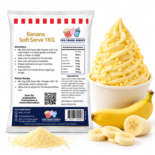 Banana Soft Serve Mix 1kg pouch with banana soft serve, sliced banana and powder on a white background
