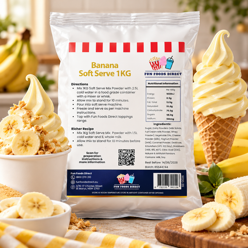Banana Soft Serve Mix 1kg pouch with banana soft serve in a cup and cone beside sliced bananas