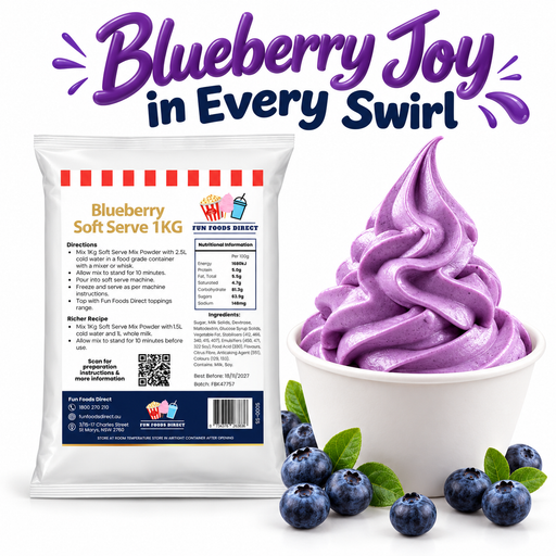 Blueberry Soft Serve 1KG bag and soft serve dessert on a white background