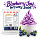 Blueberry Soft Serve 1KG bag and soft serve dessert on a white background