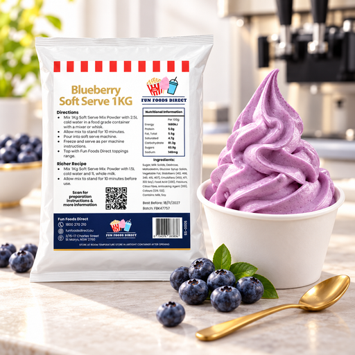 Blueberry Soft Serve 1KG bag with soft serve dessert and flavour ingredients in a café setting