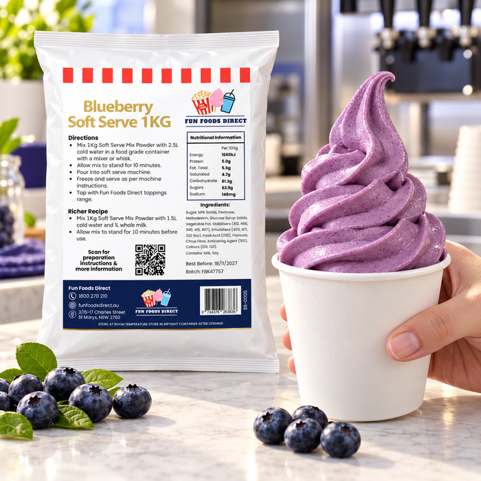 Blueberry Soft Serve 1KG bag beside a cup of soft serve being served