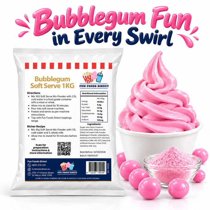 Bubblegum Soft Serve Mix 1kg pouch with pink soft serve, pink sweets and powder on a white background
