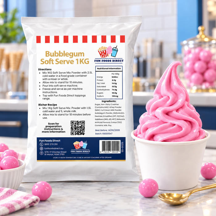 Bubblegum Soft Serve Mix 1kg pouch beside pink soft serve and sweets at a counter