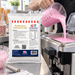Person pouring pink bubblegum mix into a soft serve machine beside the Bubblegum Soft Serve Mix 1kg pouch