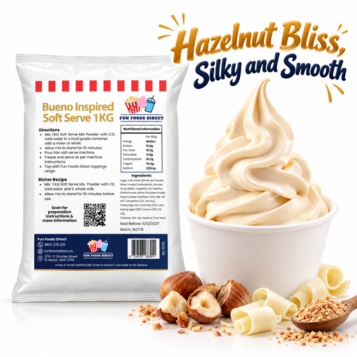Bueno Inspired Soft Serve 1KG bag and soft serve dessert on a white background