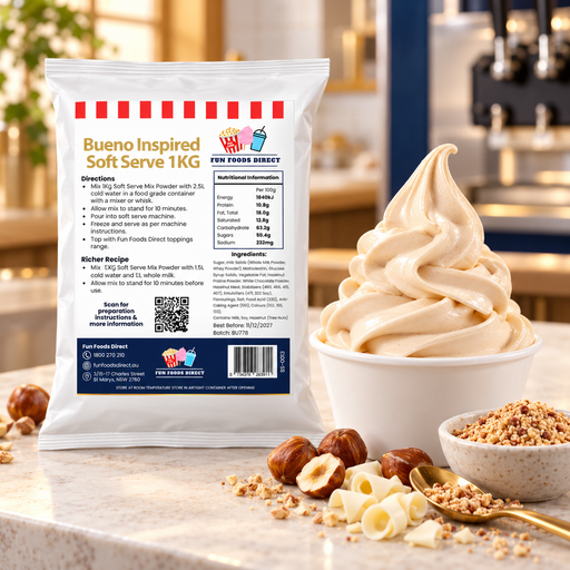 Bueno Inspired Soft Serve 1KG bag with soft serve dessert and flavour ingredients in a café setting