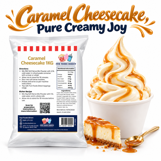 Caramel Cheesecake 1KG bag and soft serve dessert on a white background