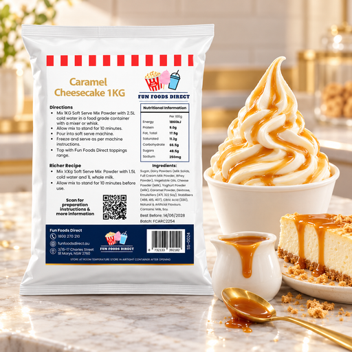 Caramel Cheesecake 1KG bag with soft serve dessert and flavour ingredients in a café setting