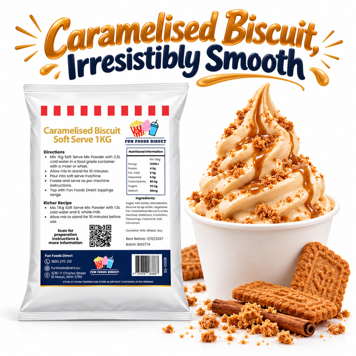 Caramelised Biscuit Soft Serve 1KG bag and soft serve dessert on a white background