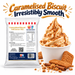 Caramelised Biscuit Soft Serve 1KG bag and soft serve dessert on a white background