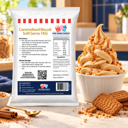 Caramelised Biscuit Soft Serve 1KG bag with soft serve dessert and flavour ingredients in a café setting