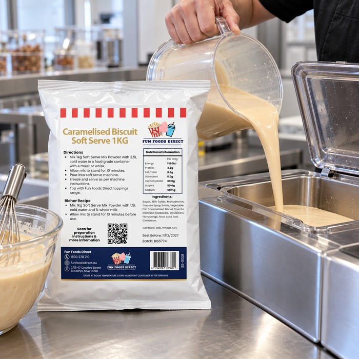 Caramelised Biscuit Soft Serve 1KG bag beside mix being poured into a soft serve machine