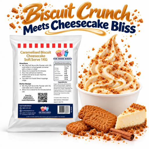 Caramelised Biscuit Cheesecake Soft Serve 1KG bag and soft serve dessert on a white background