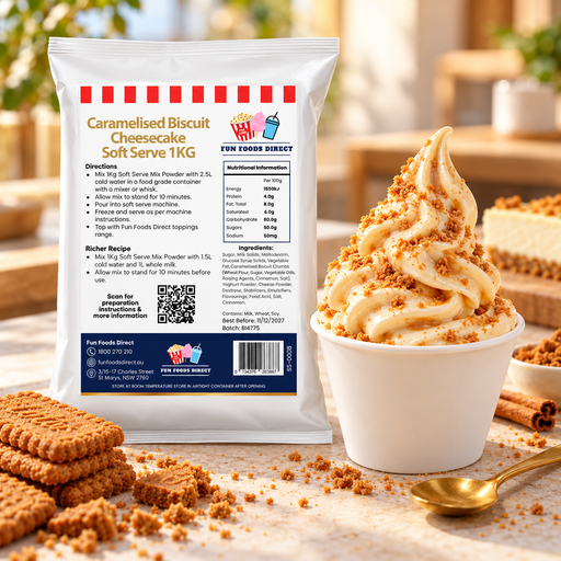 Caramelised Biscuit Cheesecake Soft Serve 1KG bag with soft serve dessert and flavour ingredients in a café setting