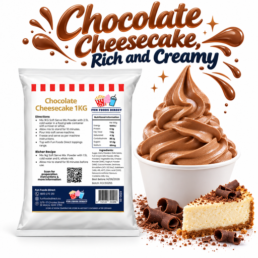 Chocolate Cheesecake Soft Serve Mix 1kg bag and soft serve dessert on a white background