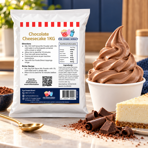 Chocolate Cheesecake Soft Serve Mix 1kg bag with soft serve dessert and flavour ingredients in a café setting