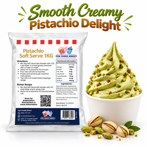 Pistachio Soft Serve Mix 1kg pouch with pistachio soft serve and nuts on a white background