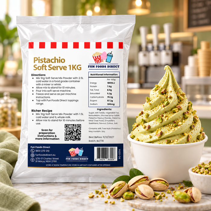 Pistachio Soft Serve Mix 1kg pouch beside pistachio soft serve and nuts at a cafe counter