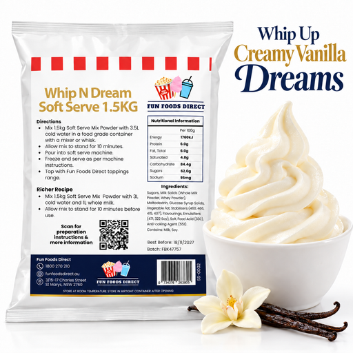 Whip N Dream Classic Vanilla Soft Serve Mix 1.5kg pouch with vanilla soft serve, flower and pods on a white background
