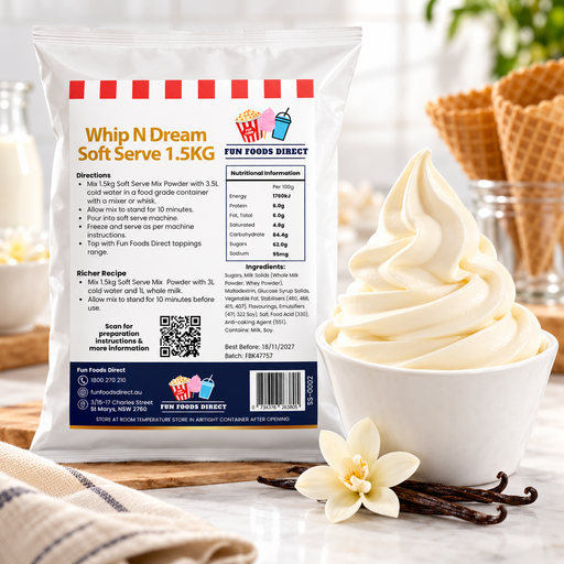 Whip N Dream Classic Vanilla Soft Serve Mix 1.5kg pouch beside soft serve, vanilla flowers and pods at a counter
