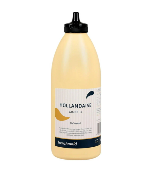 Frenchmaid Hollandaise Sauce 1L bottle, ideal for Eggs Benedict and gourmet dishes.
