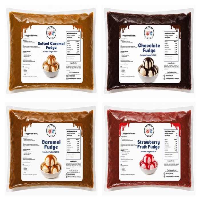 Sundae topping fudge options featuring salted caramel, chocolate, caramel, and strawberry fruit flavors.