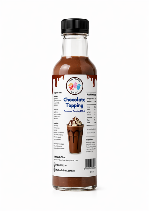 Chocolate dessert topping bottle for thickshakes, sundaes, and drinks with nutritional information.