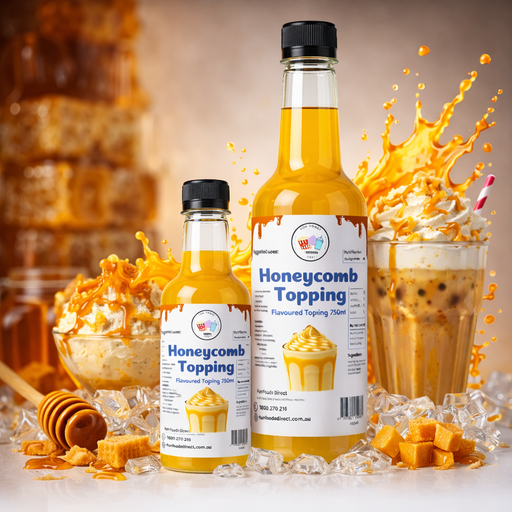 High Quality Honeycomb Milkshake Toppings in bottles showcasing delicious dessert toppings and ice cream.