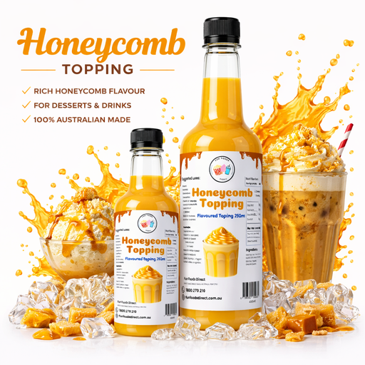 High Quality Honeycomb Milkshake Toppings in bottles with a milkshake and honeycomb, rich flavor for desserts and drinks.