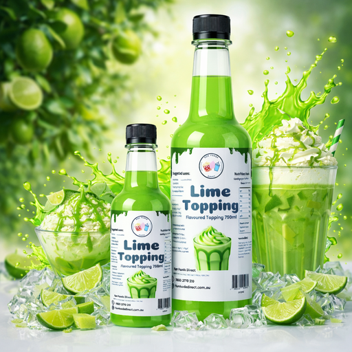 High Quality Lime Milkshake Toppings in vibrant bottles, perfect for desserts and milkshakes, surrounded by delicious lime slices.