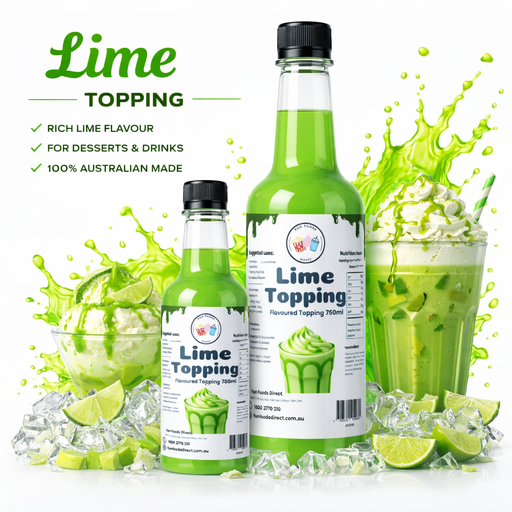 High Quality Lime Milkshake Toppings - vibrant green lime topping for desserts and drinks, featuring bottles and splash effect.
