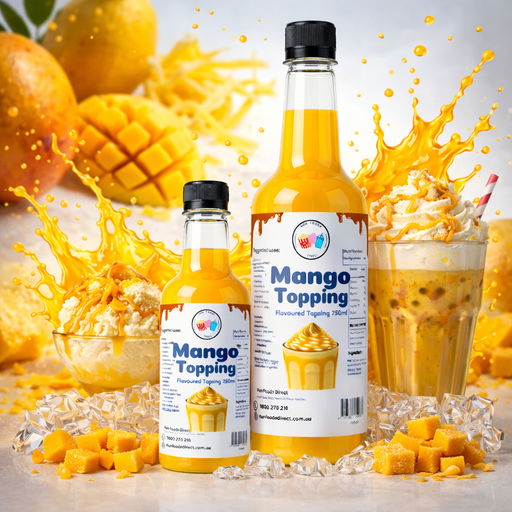 High Quality Mango Milkshake Toppings displayed in bottles with mango chunks and a refreshing drink in the background.