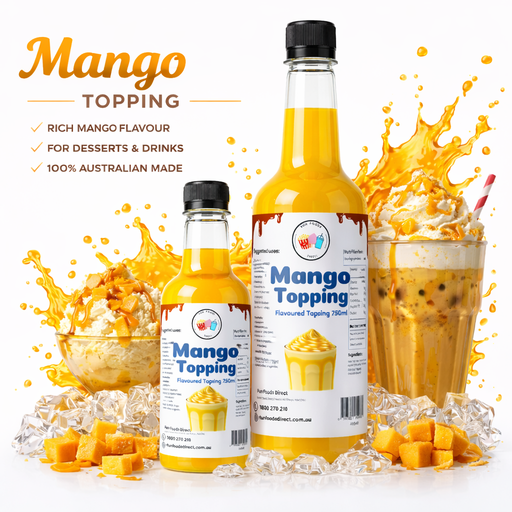 High Quality Mango Milkshake Toppings in bottles with splashes, perfect for desserts and drinks.