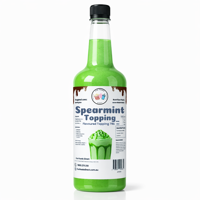 Spearmint dessert topping syrup bottle, ideal for milkshakes, thickshakes, and ice cream desserts.