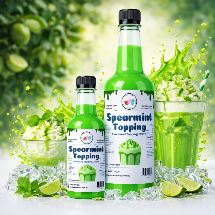 Spearmint Dessert Topping in vibrant green bottles, perfect for milkshakes and sundaes.