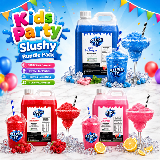 Kids Party Slushy Bundle Pack with Blue Bubblegum, Red Raspberry, and Pink Lemonade flavors, perfect for celebrations.