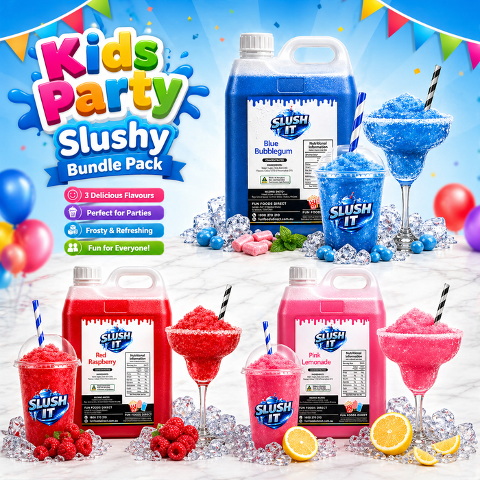 Kids Party Slushy Bundle Pack with Blue Bubblegum, Red Raspberry, and Pink Lemonade flavors, perfect for celebrations.