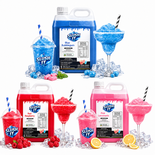 Kids Party Slushy Bundle Pack featuring Blue Bubblegum, Red Raspberry, and Pink Lemonade in colorful drinks.