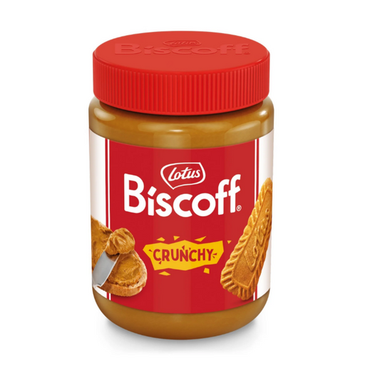 Lotus Biscoff crunchy biscuit spread jar of crunchy caramelised biscuit butter with red lid and label on white background