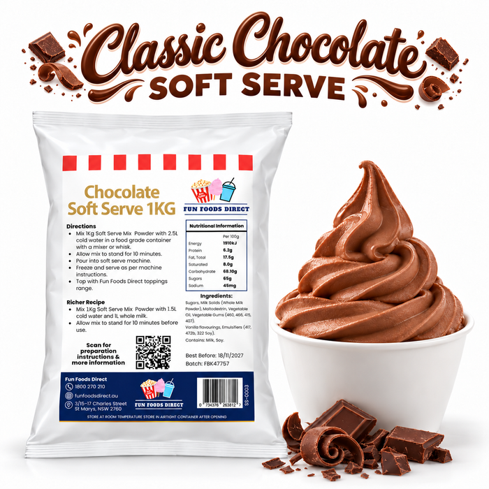 Premium Chocolate Soft Serve Mix 1kg pouch with chocolate soft serve and chocolate pieces on a white background