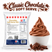 Premium Chocolate Soft Serve Mix 1kg pouch with chocolate soft serve and chocolate pieces on a white background