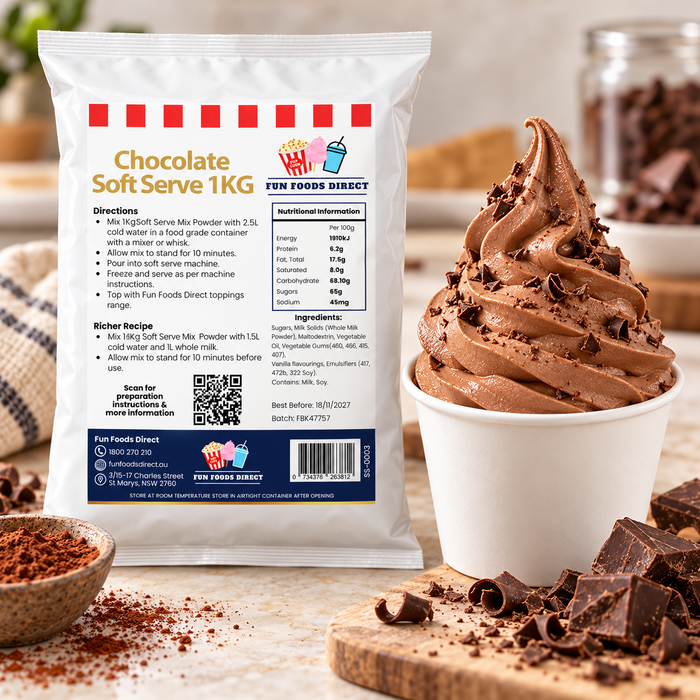 Premium Chocolate Soft Serve Mix 1kg pouch beside chocolate soft serve, cocoa powder and chocolate pieces