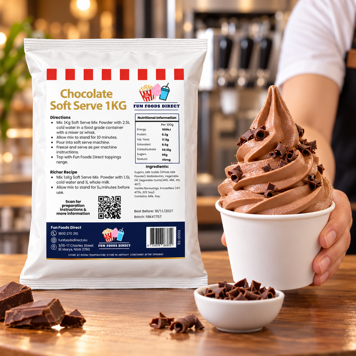 Holding a chocolate soft serve cup beside the Premium Chocolate Soft Serve Mix 1kg pouch
