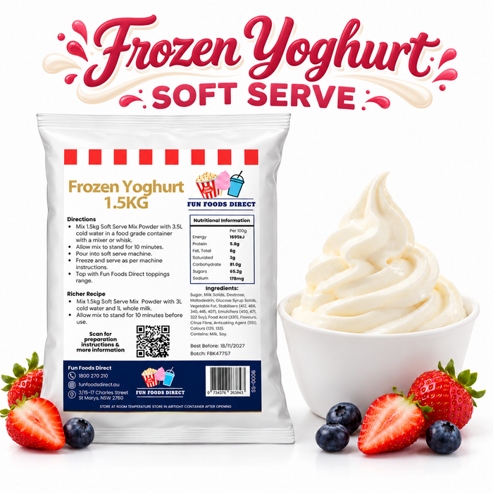 Luxury Frozen Yoghurt 1.5kg pouch with frozen yoghurt, strawberries and blueberries on a white background