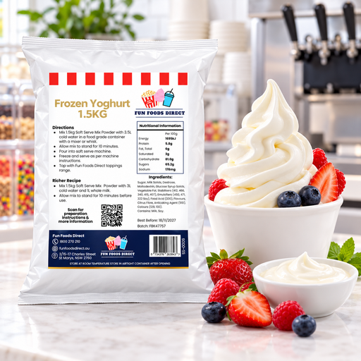 Luxury Frozen Yoghurt 1.5kg pouch beside a berry-topped frozen yoghurt bowl at a dessert counter