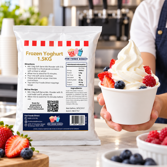 Serving a berry-topped frozen yoghurt cup beside the Luxury Frozen Yoghurt 1.5kg pouch