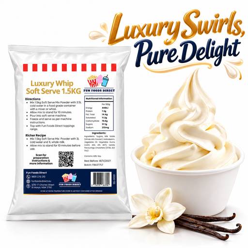Luxury Whip Vanilla Soft Serve Mix 1.5kg pouch with vanilla soft serve and vanilla pods on a white background