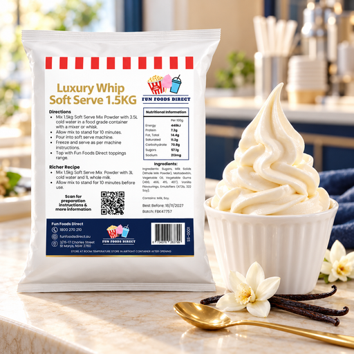 Luxury Whip Vanilla Soft Serve Mix 1.5kg pouch beside vanilla soft serve at a cafe counter