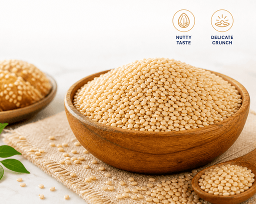 Premium quality sesame seeds for baking in a wooden bowl showcasing their nutty taste and delicate crunch.